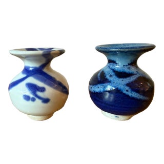 Pair of Mini Blue & White Studio Pottery Vases, Whitefish Pottery For Sale