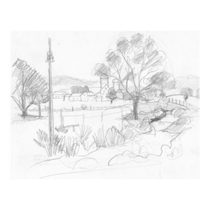 1980s John Reilly Farm Landscape Drawing