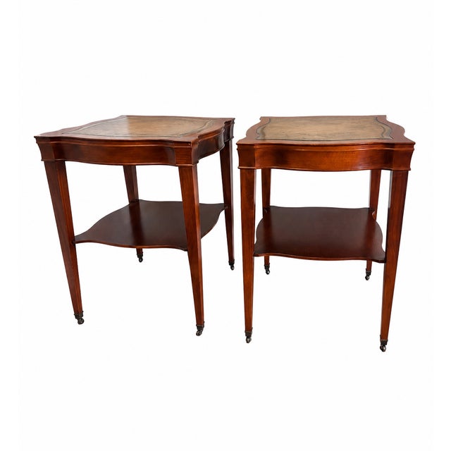 Early Twentieth Century Mahogany and Leather-Top Library Single Shelf Federal Style Side Tables, a Pair For Sale - Image 14 of 14