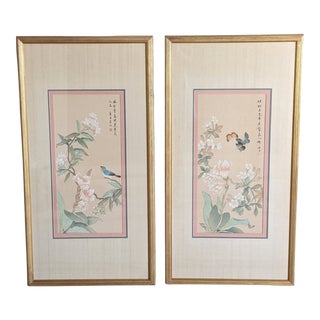 Large Chinoiserie Floral Bird and Butterfly Silkscreen Panels Framed- a Pair For Sale