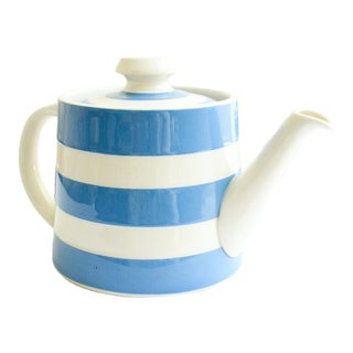 Handmade in England Striped Stonware Cornishware Teapot/Butter Dish For Sale