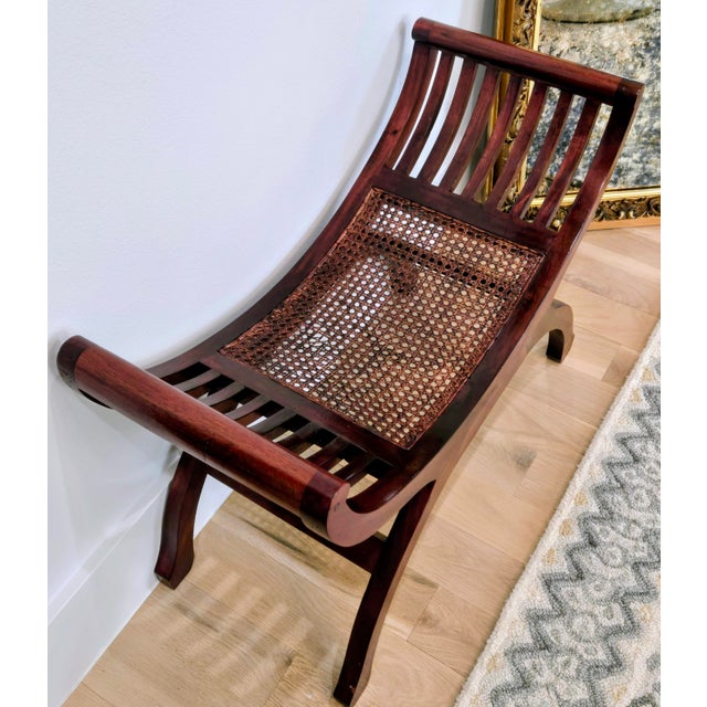 English Vintage Roman-Style Mahogany Curule Bench With Hand-Caned Seat, 32" For Sale - Image 3 of 12