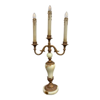 Vintage Neoclassical Alabaster Three-Light Candelabra Table Lamp For Sale