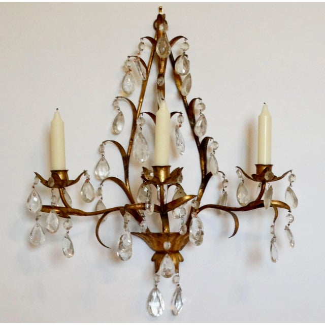 Italian Tole Gold Triple Arm Candle Wall Sconce With Crystals For Sale - Image 9 of 12