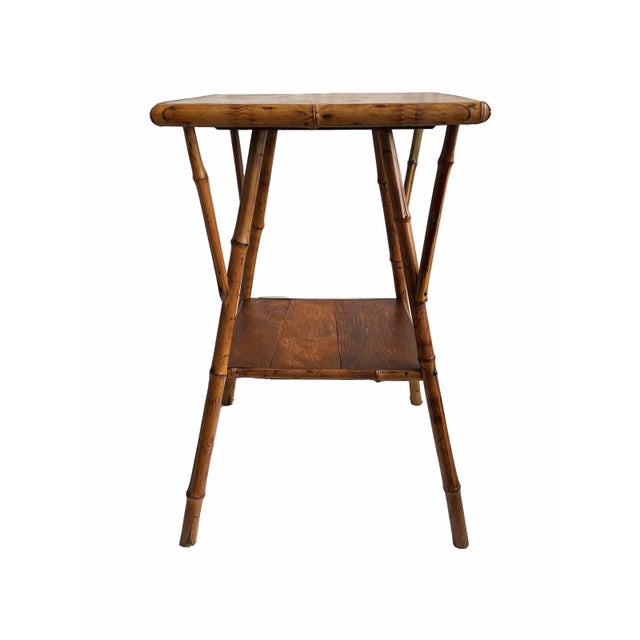 Vintage oak and bamboo square two tiered side table.