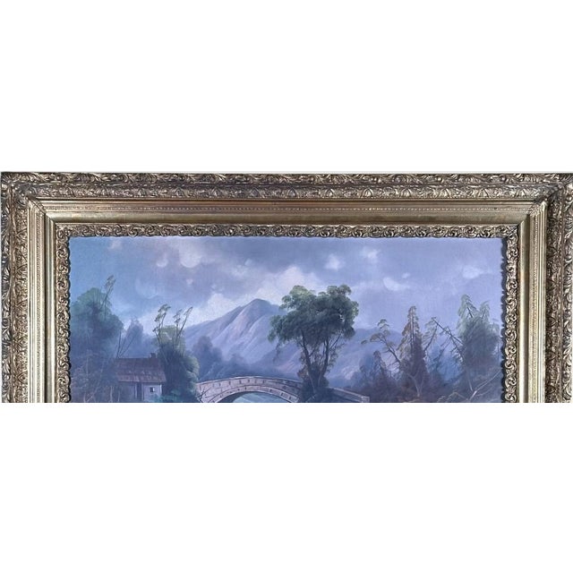 Antique 19th Century River Crossing Landscape Oil Painting in Victorian Gilt Frame Introduce an aura of stately old-world...