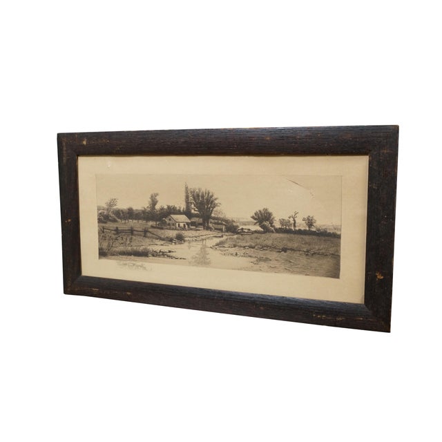 Late 19th century black and white panoramic riverscape / landscape etching by John Hill Millspaugh. It features a farm /...