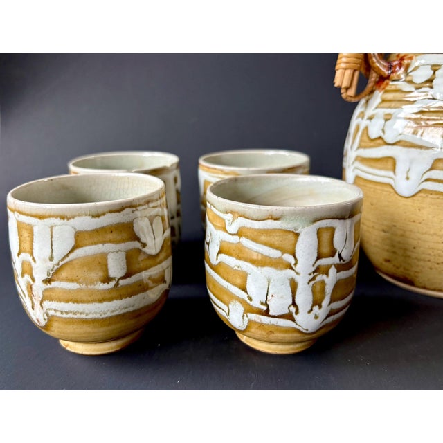 Vintage Japanese Stoneware Tea Set – Mid-Century Wicker Handle Teapot & Cups For Sale - Image 4 of 10