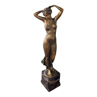 Vintage Art Nouveau Style Bronze-Finish Female Figure on Marble Base For Sale