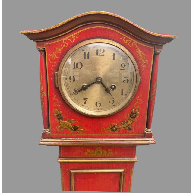 Antique 1920s English Chinoiserie Grandmother Clock Red Lacquer 50.5” Longcase For Sale - Image 9 of 12
