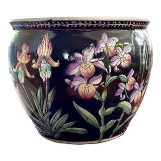 Vintage Chinese Porcelain Black Koi Fish Planter Bowl For Sale