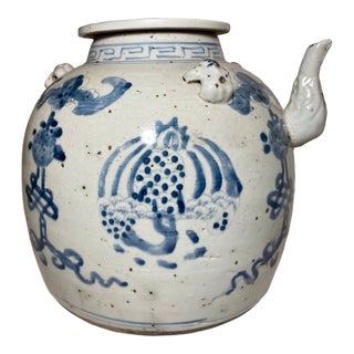 Antique 17th Century Ming Dynasty Chinese Blue White Hand Painted Pottery Teapot For Sale