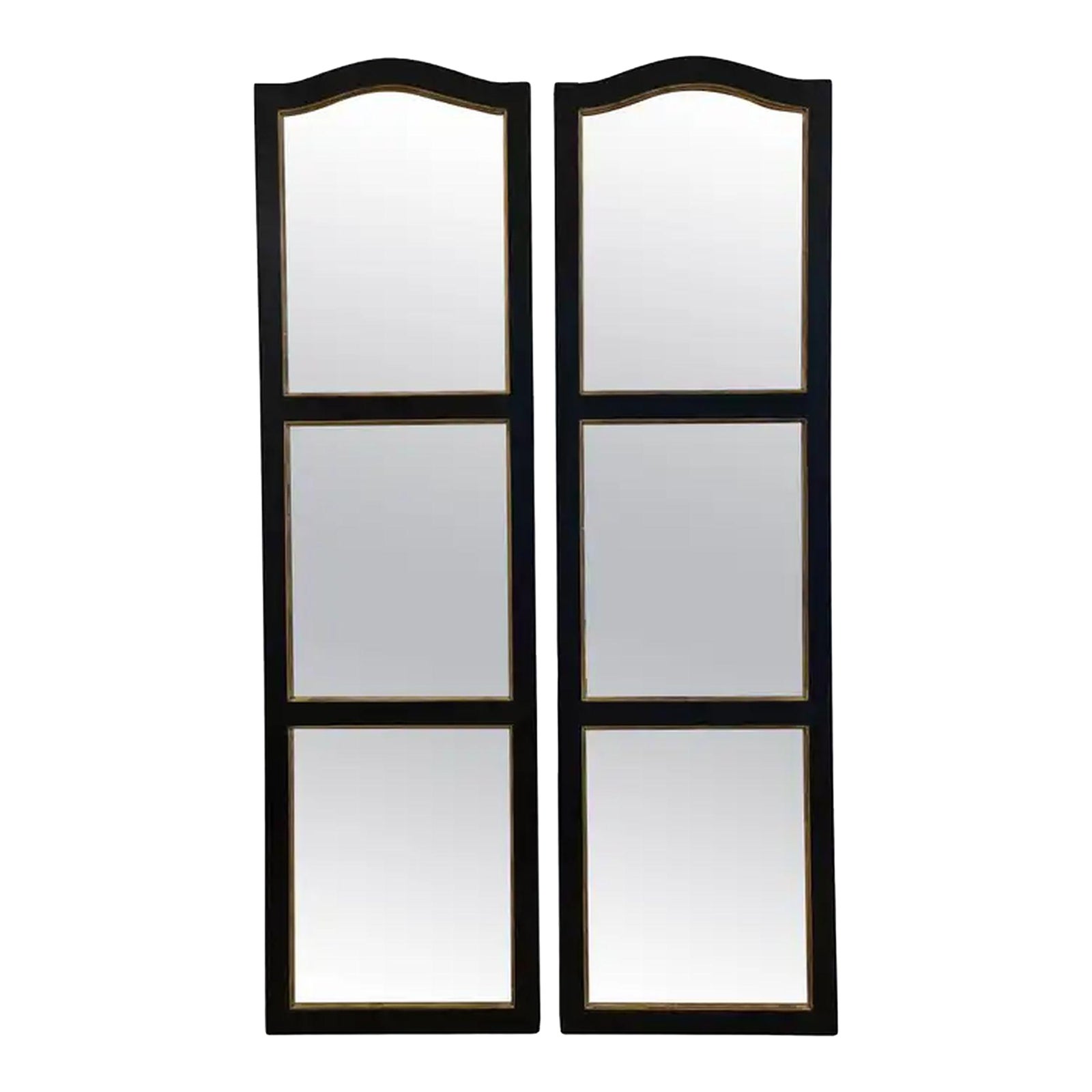 Large Black and Gilt Window Pane Paneled Mirrors (Each H 74 X W 20 7/8 ...