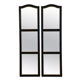 Large Black and Gilt Window Pane Paneled Mirrors (Each H 74 X W 20 7/8) For Sale