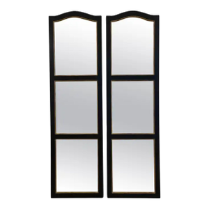 Large Black and Gilt Window Pane Paneled Mirrors (Each H 74 X W 20 7/8)
