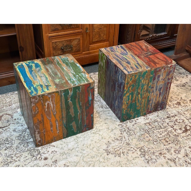 Handmade Reclaimed Boat Wood Cube Stools, Pair For Sale - Image 10 of 12