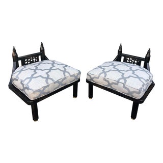 Unusual Vintage Ritts Co Mid Century Modern Black Chinoiserie Low Chairs For Sale