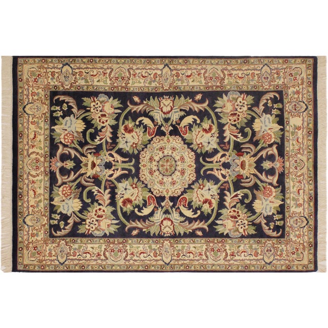 Blue Shabby Chic Anarkali Pak-Persian Blue/Beige Wool Rug - 4'0'' X 6'1'' For Sale - Image 8 of 9