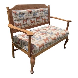 1990s Oak Love Seat With Horse Theme Upholstery For Sale