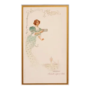 1900 Original French Advertising Menu (Woman in Green Dress Holding Mucha Box) Matted