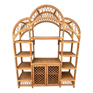 1970s Etagere Pagoda Style Bamboo Rattan Entertainment Center Bookcase For Sale