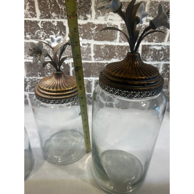 Late 20th Century Late 20th Century Glass Canisters With Gold and White Porcelain Flowers For Sale - Image 5 of 6
