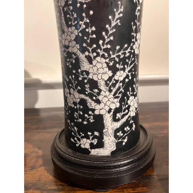 1970s Chinoiserie Black and White Cherry Blossom Tall Lamps With Gold Elephant Head Rings - A Pair For Sale - Image 9 of 11
