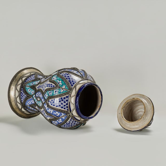 Vintage Moroccan Earthenware and Metal Lidded Urn For Sale - Image 9 of 12