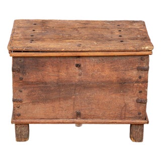 Antique Oak Chest, 19th Century or Earlier, With Early Iron Hardware, Hinged Lid and Block Feet For Sale