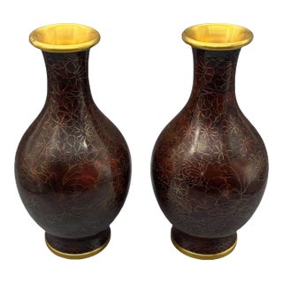 Vintage Chinese Hollywood Regency Style Cloisonné Brass & Enamel Vases - Pair For Sale