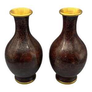 Vintage Chinese Hollywood Regency Style Cloisonné Brass & Enamel Vases - Pair