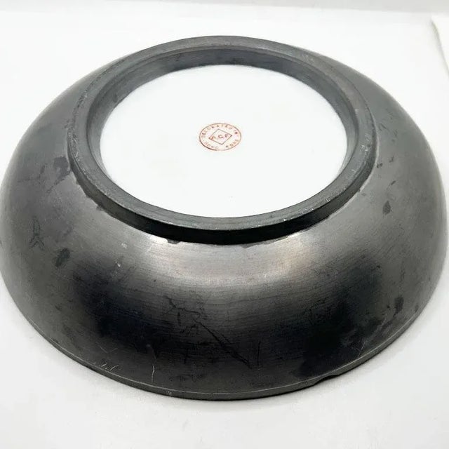 Mid 20th Century Mid 20th Century Pewter Wrapped Ceramic Blue and White Chinoiserie Calligraphy Bowl - Hong Kong For Sale - Image 5 of 5