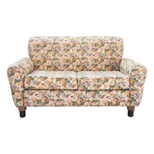 2-Seater Sofa in Floral Fabric, Wooden Structure, Plastic and Wooden Feet, 1970s For Sale