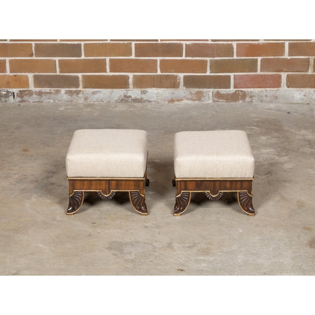 English Pair of English Regency 19th Century Footstools with Carved Feet and Gilt Trim For Sale - Image 3 of 11