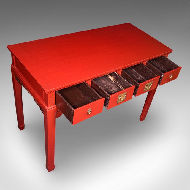 Paint Tall Vintage Art Deco Revival Hall Table, Oriental, Red Lacquer, Side, Reception For Sale - Image 7 of 10