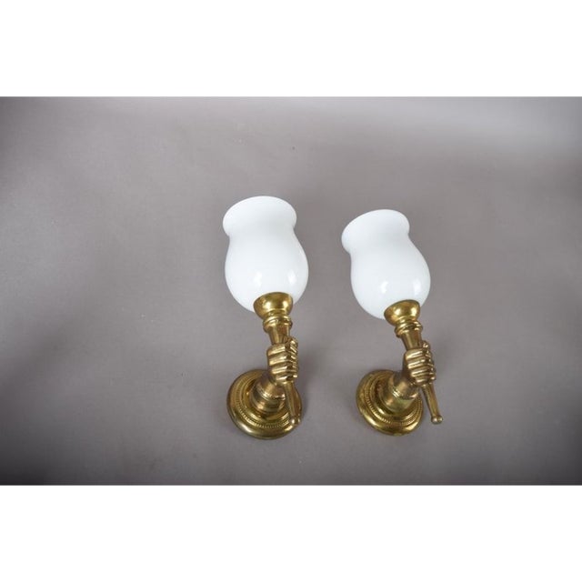 Mid-Century Brass and Opaline Glass Wall Sconces in the style of André Arbus, France, 1950s, Set of 2 For Sale - Image 9 of 14