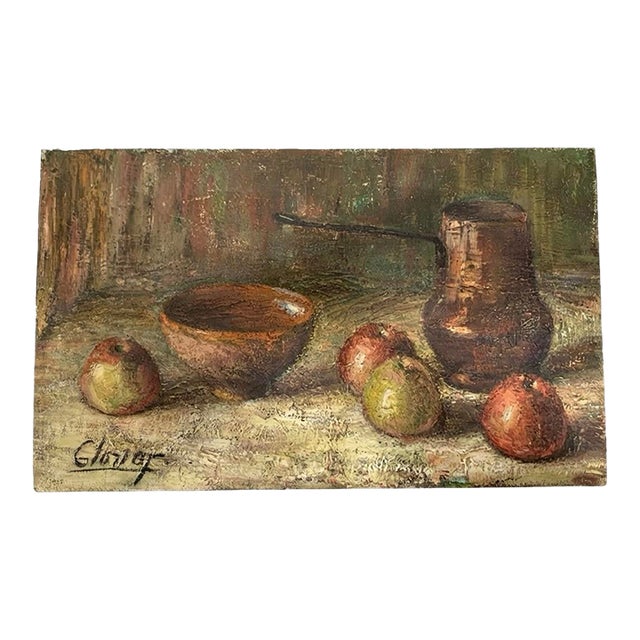 Vintage & Heavily Textured Expressionistic Impasto Still Life Painting With Apples, Signed, 21” X 12.5” - Cottage-Core & Kitchen Decor - See Pics! For Sale