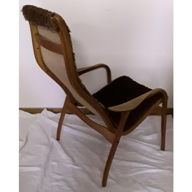 Vintage Swedish Oak Plywood, Linen & Brown Plush Armchair by Yngve Ekström for Swedese, 1965 For Sale - Image 6 of 13
