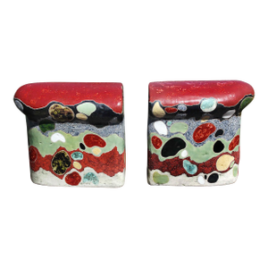 "Gemstones" by Michael Gustavson, Raku Ceramic Functional Bench Sculpture, Deep Red Black and Jewel Tones, Contemporary California Art, Vibrant Colors