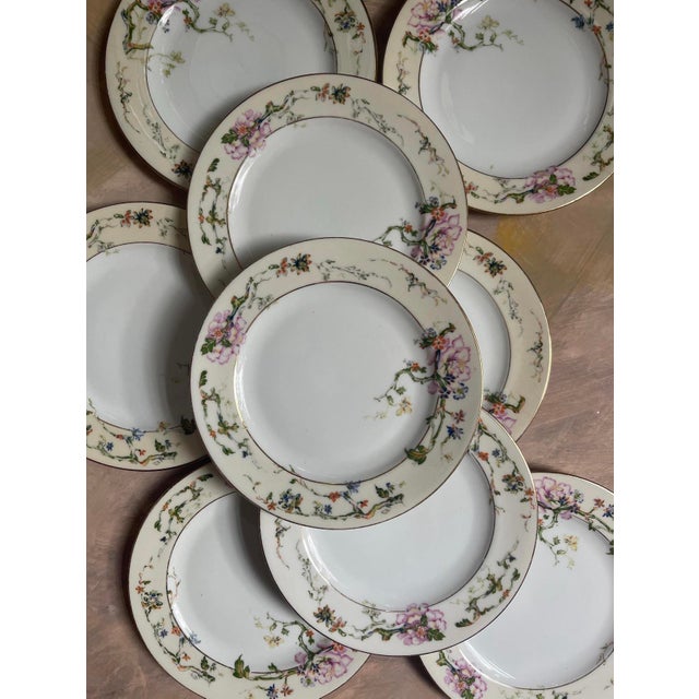 Czechoslovakia Vintage Mid-Century Modern Czechoslovakian Epiag Floral Yellow and Pink 6.5” Bread Plates Garden Party Chic - Set of Nine (9) For Sale - Image 4 of 8
