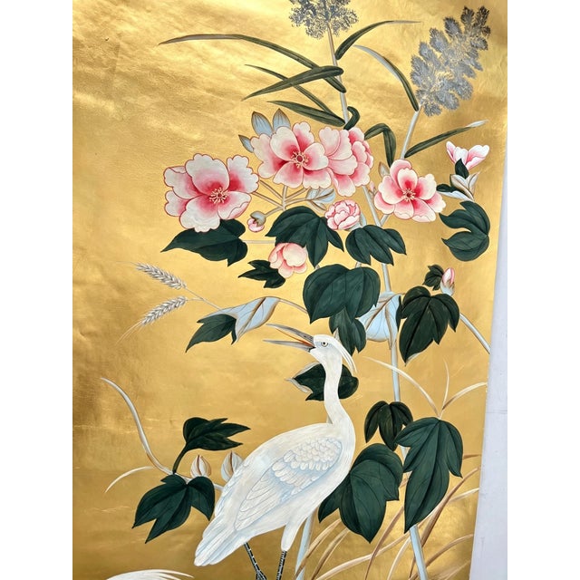 Luxury Hand Painted Gold Leaf Wallpaper With Crane Birds & Floral Garden Design, Oriental Chinoiserie Diptych Wall Mural, Custom Designer Wallcovering For Sale - Image 4 of 5