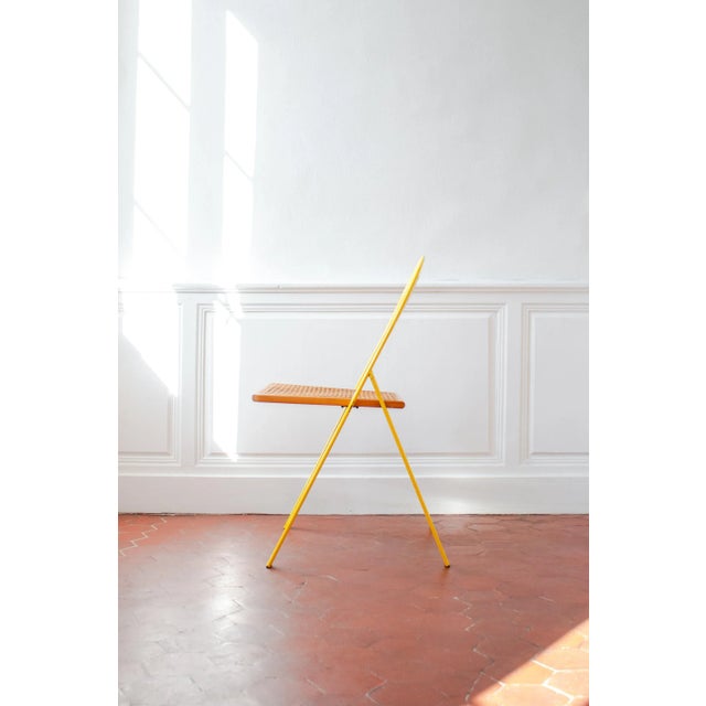 Brown Vintage Folding Chairs in Yellow Lacquered Metal and Caning by Giorgio Cattelan for Cidue, 1970s, Set of 2 For Sale - Image 8 of 18