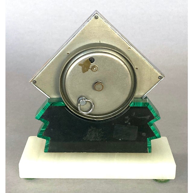 Art Deco 1920s Swiss 8-Day Windup Art Deco Clock With Malachite Features, Onyx Base For Sale - Image 3 of 6