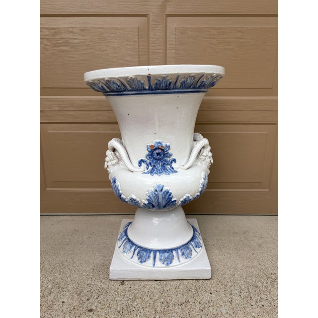 Monumental Blue & White Majolica Grecian Urn With Jupiter Ammon Motifs For Sale - Image 14 of 17