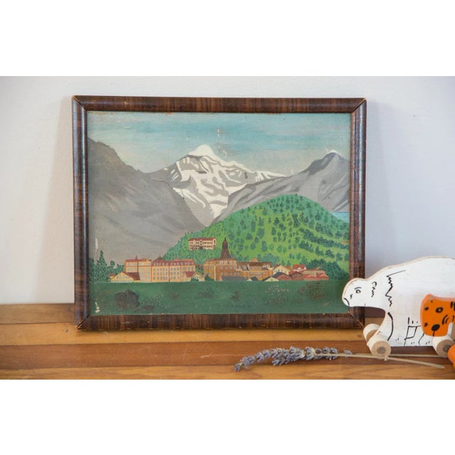 :: Extraordinary piece of folk art, antique circa early 1900's landscape painting signed in lower left though tough to...