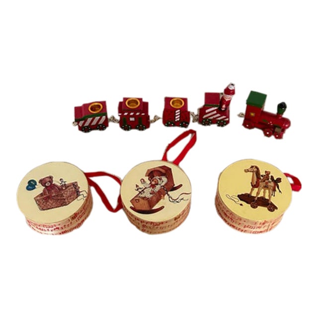 Vintage Christmas Candle Holder Wood Train Set and Round Hatbox Ornaments- 13 Pieces For Sale