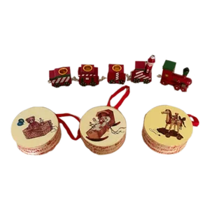 Vintage Christmas Candle Holder Wood Train Set and Round Hatbox Ornaments- 13 Pieces