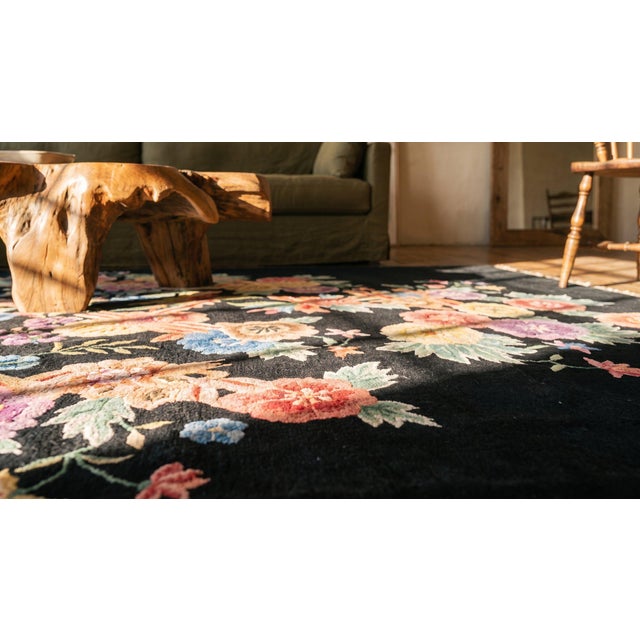 Black Beautiful Multicolored Rose Centerpiece in a Black Ground Color Chinese Art Deco Rug by Nichols Workshop For Sale - Image 8 of 8