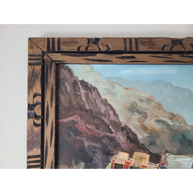 Vintage 1960s Americana Folk Art Oil Painting Wild West Stagecoach & Horses For Sale - Image 10 of 16