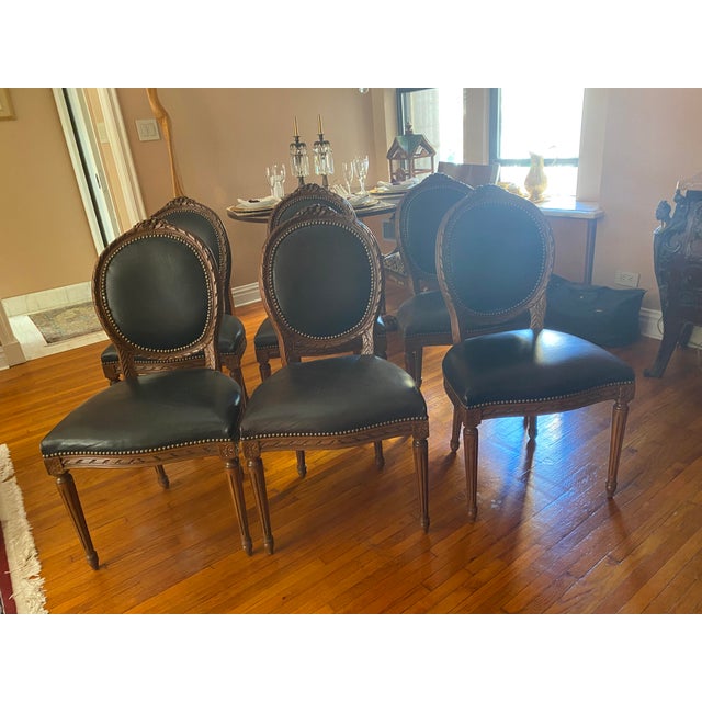Black Vintage Oval Medallion Dining Room Chairs Louis XVI Set of 6 For Sale - Image 8 of 13